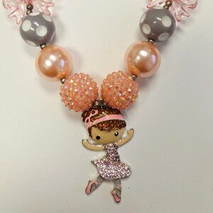 Girls Bubble Chunky Bead Necklace - Adorable Rhinestone Ballerina Charm